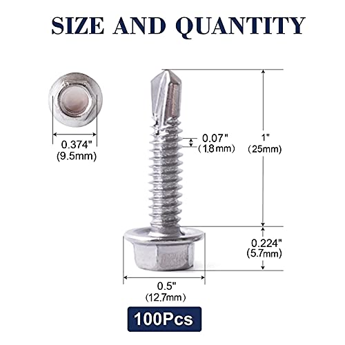 #14 x 1" Sheet Metal Screws 100PCS 410 Stainless Steel Hex Washer Head Fast Self Tapping Screws by SG TZH #14 x 1"