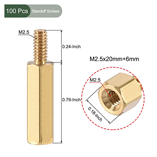 YOKIVE 100 Pcs M2.5 Standoff Screws, Brass Hex PCB Standoffs, Keep Height Consistent, Great for Motherboard (Gold Tone, 20mm+6mm)