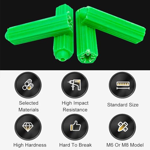 TopHomer 200Pcs M8 Green Plastic Drywall Screw Anchor Plugs, Expansion Fixings for Porous Bricks, Aerated Concrete, and Wall Materials