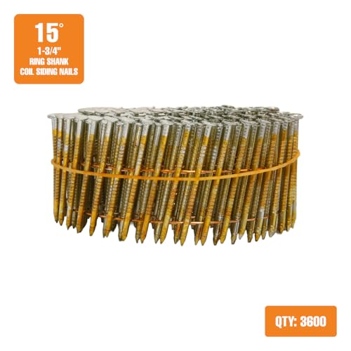 Freeman 15° 1-3/4" Wire Collated Electrogalvanized Ring Shank Coil Siding Nails – 3,600 Count – For Siding, Wall Sheathing, and Roofing