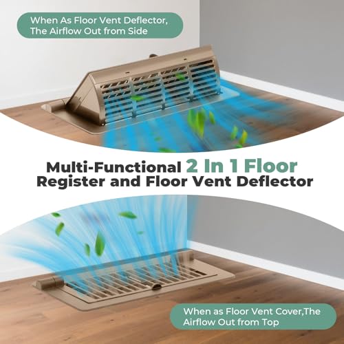 2-in-1 Vent Deflector & Floor Vent Covers, Floor Register 4x10, 2 Pack Adjustable Heat Air Vent Deflectors, Vent Covers for Home Floor, Office, Ceiling, Tool-Free Installation (Brown) Brown