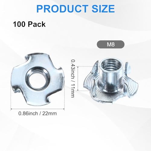 M METERXITY 100-Pack M8x11mm T-nut, 4-Pronged Tee Nut Threaded Insert