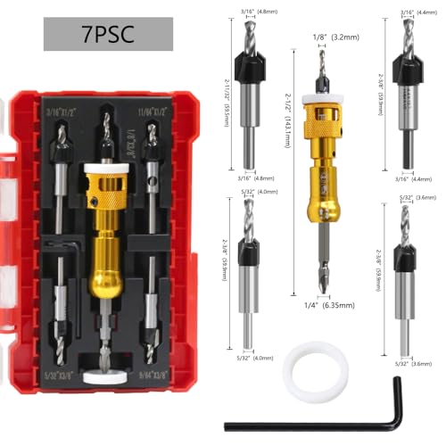 7 Pcs Countersink Drill Bit Set with Low Friction Depth Stop,82 Degree Carbide Tipped Countersink Bit(1/8"x3/8",9/64"x 3/8",5/32"x3/8",11/64"x1/2",3/16x1/2" ) with 1/4 Quick Release Hex Shank (Yellow) Yellow