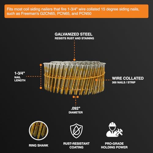 Freeman 15° 1-3/4" Wire Collated Electrogalvanized Ring Shank Coil Siding Nails – 3,600 Count – For Siding, Wall Sheathing, and Roofing