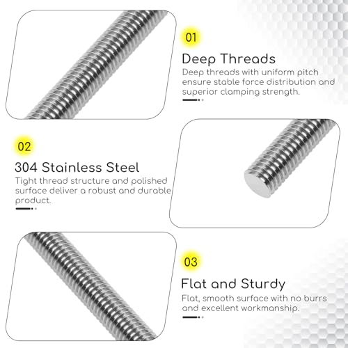 M8-1.25 x 200mm Fully Threaded Rod, 304 Stainless Steel All Thread Stud, High Strength Corrosion Resistant for Furniture, Machinery, DIY Projects（5 Pack） M8