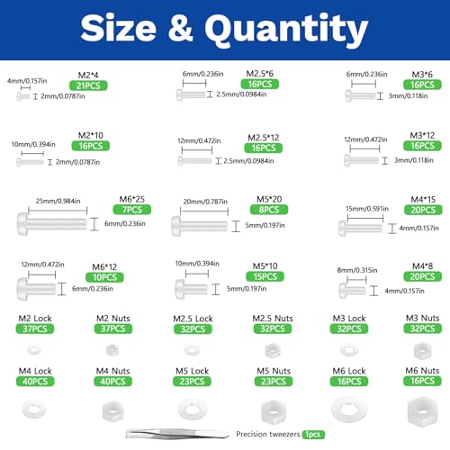 500Pcs White Nylon Screws Bolts Nuts Washers Set