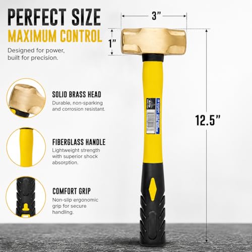 Stark USA 1lb Brass Sledge Hammer (16oz) Fiberglass Handle, Drilling Hammer, Crack Hammer, Die-Forge, Corrosion Resistant, 12.5" Brass Hammer 1 Pack