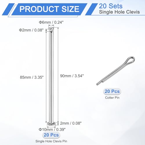 uxcell 20Pcs M6x90mm Clevis Pins, 304 Stainless Steel Single Hole Flat Head Clevis Pin Hairpin Location Pin with Cotter Pins for Trailer Latch Mechanics Repair Furniture Installation 20