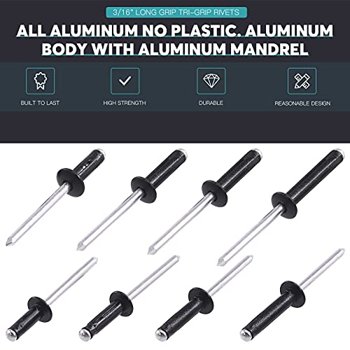 80Pcs 3/16" Long Grip Tri-Grip Rivets Tri-Fold Tri Bulb Long Pop Mounting Rivet Kit for Kayak and Boat Accessories 80 Black