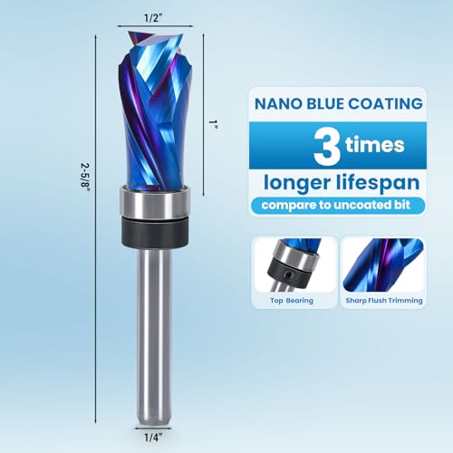 Compression Flush Trim Router Bit with Top Bearing, 1/4” Shank, 1/2“ Cutting Dia Pattern Template Flush Cut Router Bit for Woodworking Trimming (Top Bearing)