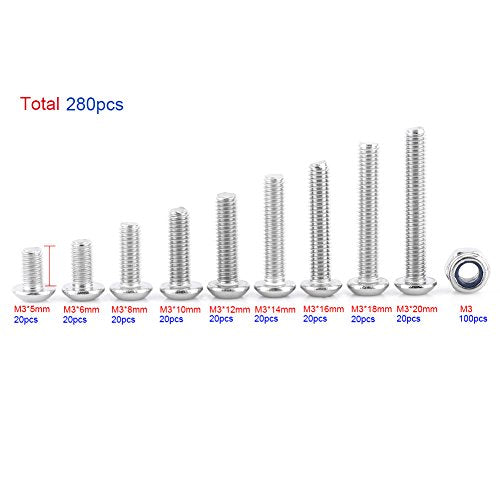 M3 Hex Socket Button Head Screws, Stainless Steel Assortment Kit with Locknuts for DIY Repair 304 Stainless Steel 5mm to 20mm 280 Pieces Storage Box