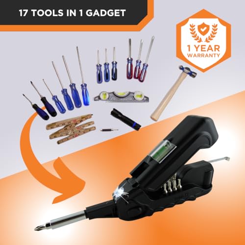 Kelvin Tools - Kelvin 17 Urban Screwdriver Set, All in One Everyday Multitool Screwdriver, Multi-Tip, Compact & Universal Precision, 13 Bit Set with Tape Measure, Liquid Level, Hammer and Flashlight Red