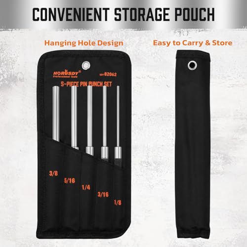 HORUSDY 5-Piece Roll Pin Punch Set, 8-Inch Carbon Steel Pin Punch Tool Kit (1/8" to 3/8") with Storage Pouch for Gunsmithing, Watch & Jewelry Repair 5PC Long Roll Pin Punch Set