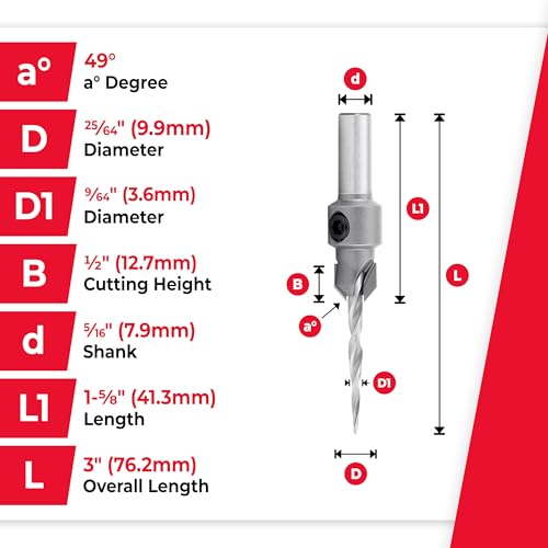Amana Tool Carbide Tipped 82 Degree Countersink Tapered Drill Bit, 55604, 6 Screw, 3/8 Dia x 9/64 Drill Dia x 5/16 Round Shank