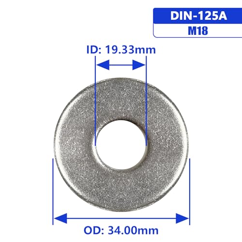 M18 x 34mm OD Flat Washer, 18-8 (304) Stainless Steel Washers Flat, 10PCS M18/304 Silver
