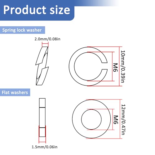 100 Set M6 Split Lock Washer and Flat Washer,Surface Black Oxide Finish,12.9 Grade Carbon Steel