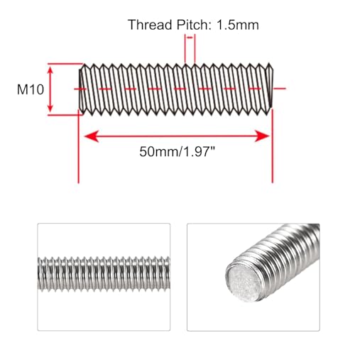 Fully Threaded Rod M10 x 50mm 1.5mm Thread Pitch, 20 Pack 304 Stainless Steel Right Hand Threaded Rods Bar Studs for Furniture Machinery Assembly