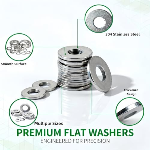 BOLDGNAITE 285PCS Flat Washers Kit, 304 Stainless Steel Metric Sizes M4–M12, Durable Metal Washers for Bolts, Screws, and Home Repair Projects