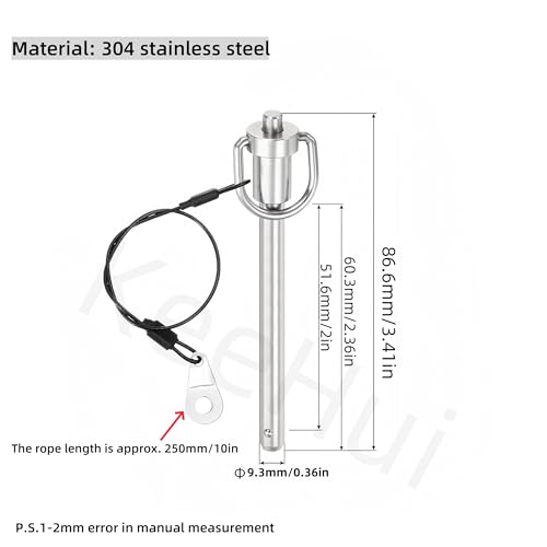 304 Stainless Steel Ring Handle Locking Pin with Wire Quick Release Pin, Dia 9.3mm ,Available Length 50mm/3/8inx2in(Dia. x L) Push-Button Ball Locking Pin (4) 4