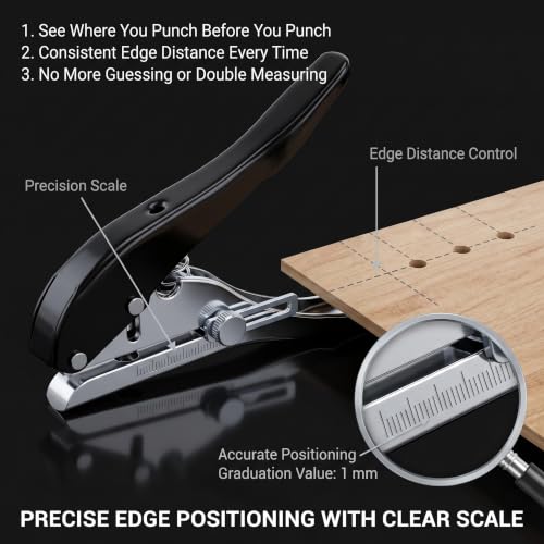 Single Hole Punch 0.3inch/8mm, Heavy Duty Punching Pliers with 5 Countersunk Drill Bits (2.8-4.0mm) for Paper, Screw Hole Covers, PVC, Cards & Thin Wood, Adjustable Screw Cover Hole Punch 8mm black