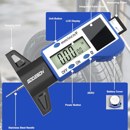 GODESON Digital Tire Tread Depth Gauge – 3 Modes-Fraction/Inch/MM Display, Solar & Battery Hybrid,1” (25.4mm/32NDS) Range, Blue Tire Wear Measure Tool for All Vehicles (Car, Truck, SUV) IN/MM/FRAC - Blue