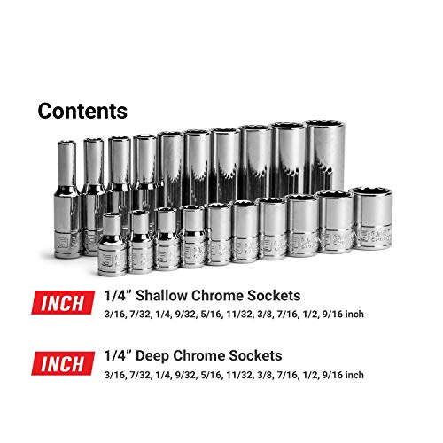 Capri Tools 1/4 in. Drive 12-Point Shallow and Deep Socket Set, SAE, 3/16 to 9/16 in, SAE, 20-Piece Shallow & Deep Set / 3/16-9/16 in.