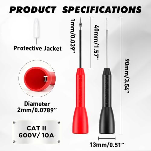 4-Piece 2mm Multimeter Needle Test Probes, CAT II 600V 10A Insulation Piercing Extended Needle, Stainless Steel Extra Thin Electrical Multimeter Probe for Automotive