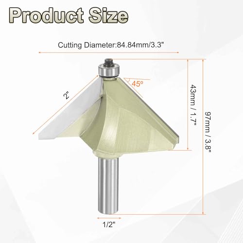 HARFINGTON 45 Degree Chamfer Router Bit 1/2 Inch Shank 2" Cutting Edge Carbide Tip with Bearing for Woodworking Milling Cutter Tool, Gold 1/2" x 2"