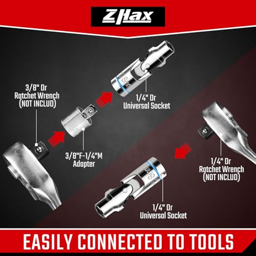 ZHAX 12-Piece 1/4” Drive Universal Flex Socket Set, 6-Point Metric (5-15mm) Swivel Joint With CR-V Steel for Tight Spaces