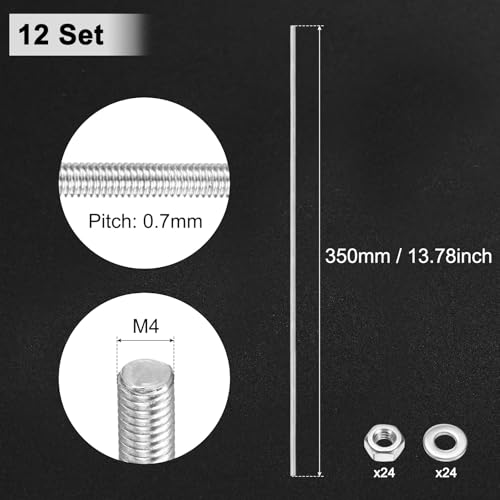 M METERXITY 12-Pack Fully Threaded Rod, M4x350mm 304 Stainless Steel Right Hand Thread Bar Studs with Hex Nuts and Washers for Furniture Anchor Bolts/Clamps/U-Bolts/Beaded Garden Stake Rods