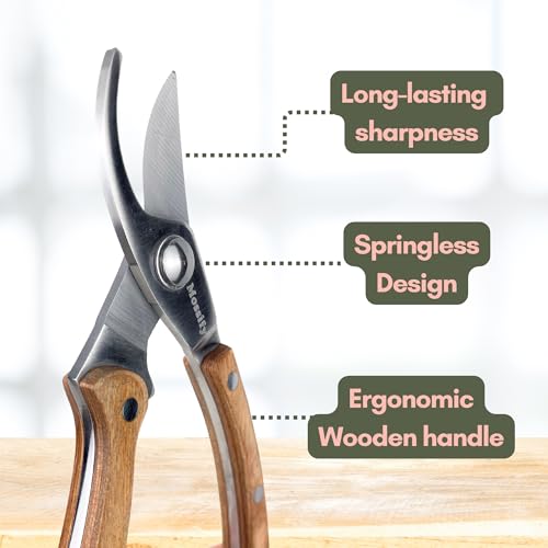 Mossify 8" Bypass Pruning Shears, Full-Metal Core, Wood Handle, Locking Stainless Steel