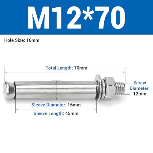 4Pcs 304 Stainless Steel M12 x 70mm Expansion Bolts Hex Anchors M12*70