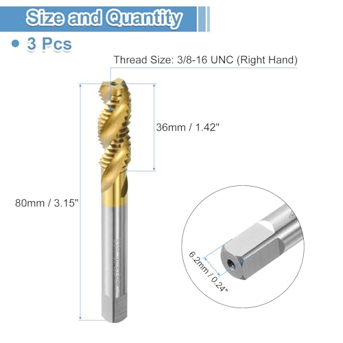 uxcell 3pcs Spiral Flute Thread Taps, 3/8-16 UNC H2 Screw Threading Tap, Titanium Coated 6542 High Speed Steel Machine Tapping Tools for Machinist Repair (Pack of 2) 3/8-16 UNC (Pack of 2)