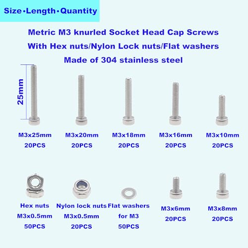 M3 304 Stainless Steel Knurled Hex Socket Cap Screw Nut Washer Kit M3