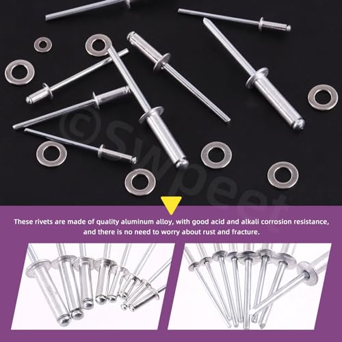 Swpeet 560Pcs Silver 3/32" 1/8" 5/32" 3/16" Pop Rivets Assortment Kit with Stainless Steel Backup Washers, Assorted Aluminum Blind Rivets with Divider Labeled Case for Storage