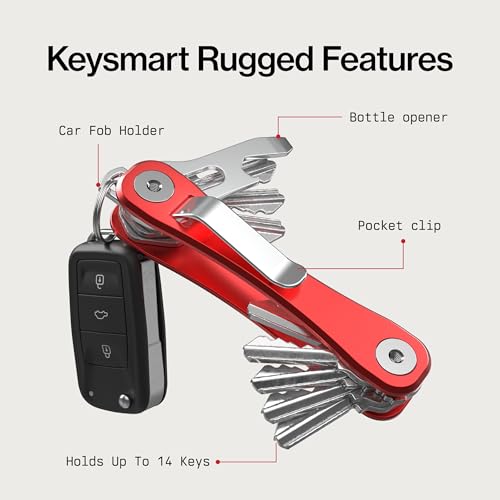 KeySmart Rugged Keychain Multitool Key Holder, Up to 14 Keys Red 1 Pack