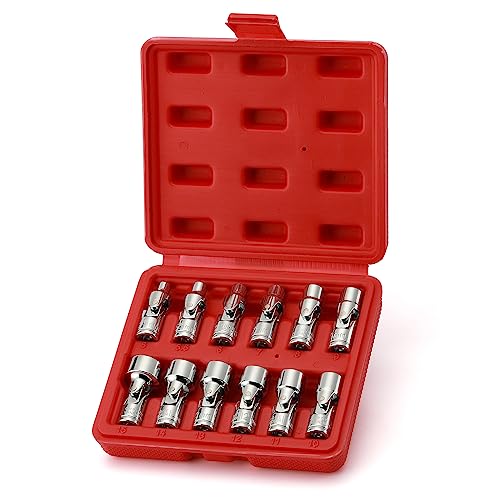 EMENTOL 12PCS 1/4" Drive Universal Joint Socket Set, 6 Point, Metric Universal Flex Socket Set, CR-V, Swivel Head, 5mm - 15mm