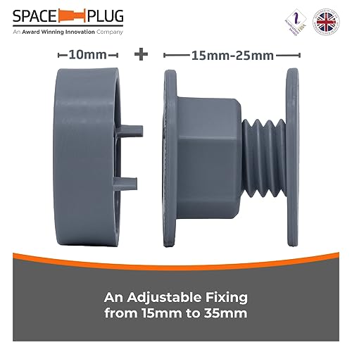 Space-Plug Adjustable Spacer Fixings (Mini Size for 15-35mm Gaps), 25 Pack of Grey Spacers, Professional & DIY use for Kitchen, Bedroom, Bathroom & Furniture installations