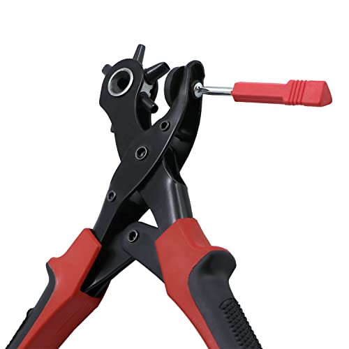 Belt Hole Puncher for Leather Heavy Duty Non-Slip Handle Rotating 6 Heads Professional Punch Tool Revolving Punch Plier Kit (3 Round Holes + 2 Flat Holes + 1 Oval Hole) 3 round holes + 2 flat holes + 1 oval hole