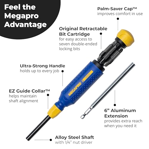 MEGAPRO® Original 15-in-1Multi-bit Screwdriver and 6" Aluminum Extension Kit | 1/4" hex shaft | Phillips, Flat, Square, Torx | Fasten hard to reach screws (Original Kit)