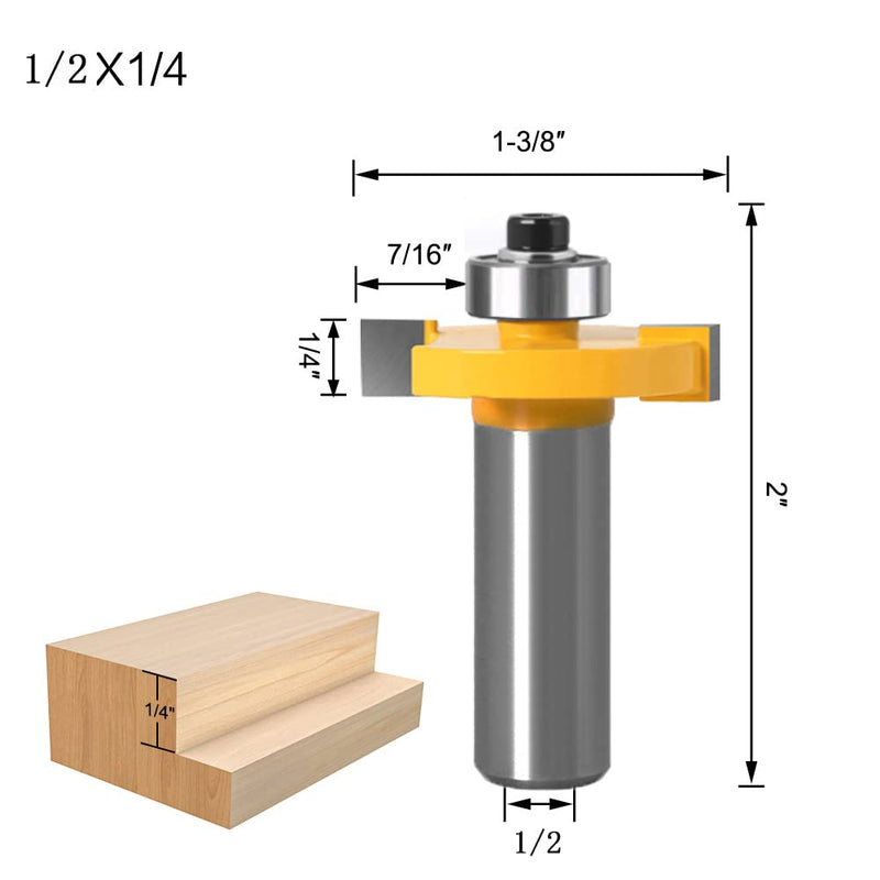 1/2 Inch Shank Rabbet Router Bit Set, 3 Pieces Rabbeting Router Bit with 6 Bearings Set (1/8", 1/4", 5/16", 3/8", 7/16", 1/2" Bearings) (1/2 Inch) 1/2 Inch shank