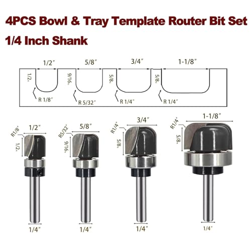 4PCS Bowl & Tray Template Router Bit Set 1/4 Inch Shank, Cove Juice Groove Router Bit, Carbide Tipped Circle Round Nose Cutting, Ideal for Making Wood Bowls, Trays, Boxes, Board Troughs 4pcs 1/4 Inch