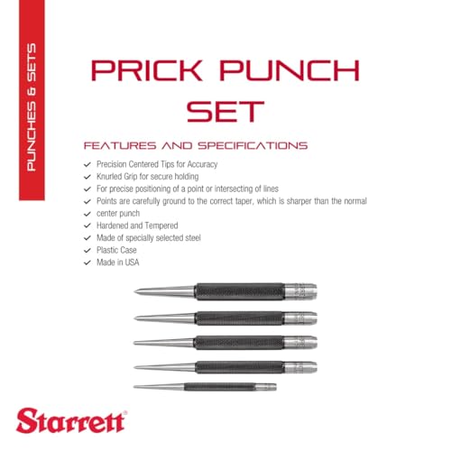 Starrett Steel Prick Punch Set, 4" Length, 5-Pack