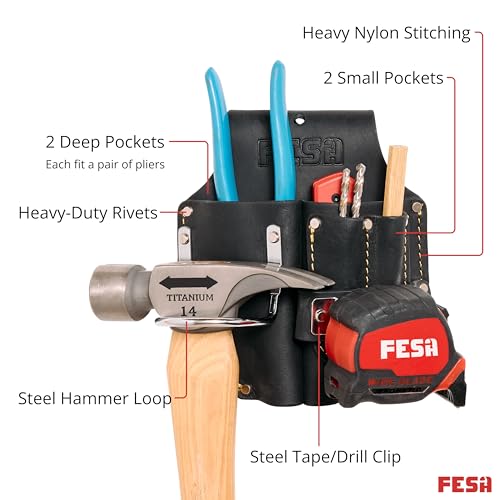 FESA Durable Leather Pliers Holster - Leather Double Plier Holder for Belt with Steel Hammer Holder, Tape Clip & 2 Carpenter's Pencil Pockets - Clip On Any Belt - Handcrafted Black