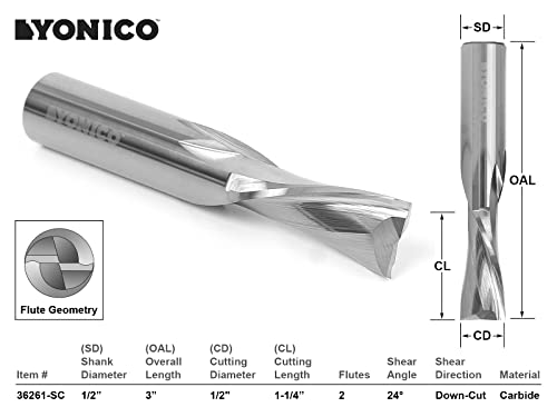 YONICO Downcut Router Bits Spiral 2 Flute Solid Carbide CNC Low Helix End Mill 1/2-Inch Dia. 1/2-Inch Shank 36261-SC 1/2" Diameter - 1-1/4" Length