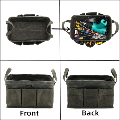 Tool Bag for Organizing, Waxed Canvas Wide Open Top Tool Tote Bag with 6 External Pockets, 13.8 x 7.8 x 7.8 Inches (ArmyGreen) ArmyGreen-Single