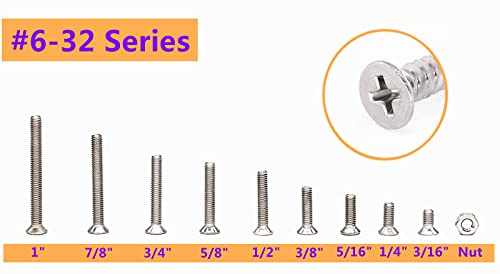 #6-32 UNC 304-Stainless Steel Phillips Flat Head Countersunk Machine Screws Nuts Assortment Kit #6-32