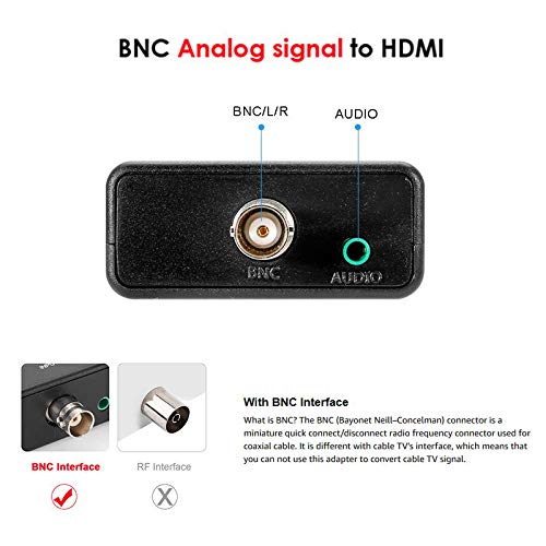 BNC to HDMI Converter Coaxial Adapter Coax Connector Composite CVBS BNC Audio Input HDMI 1080P Output for Analog Video Signal of DVRs Surveillance CCTV Security Camera to Computer Projector HD Monitor