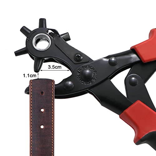 Belt Hole Puncher for Leather Heavy Duty Non-Slip Handle Rotating 6 Heads Professional Punch Tool Revolving Punch Plier Kit (3 Round Holes + 2 Flat Holes + 1 Oval Hole) 3 round holes + 2 flat holes + 1 oval hole