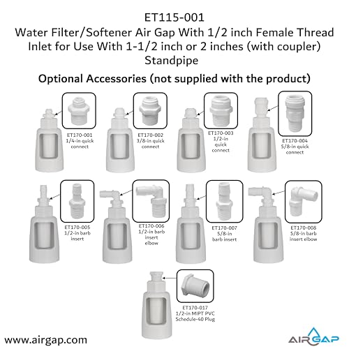 Water Filter/Softener Air Gap With 1/2-inch Female Thread Inlet for Use With 1-1/2-inch or 2 inches (with coupler) Standpipe (ET115-001, G-150, DLA-G15)